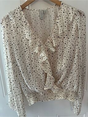 Joie Cream and Black Polka Dot Ruffle Wrap Blouse